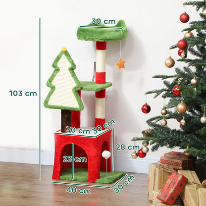PawHut Christmas Cat Tree, 120cm Tower with Scratching Post & Board