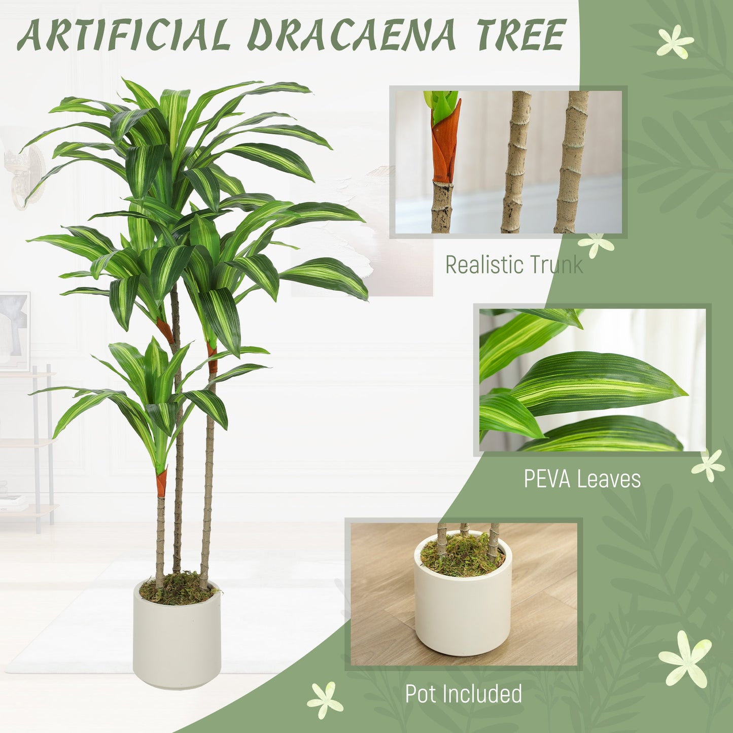 Artificial Dracaena Tree with Bendable Trunks, Green 120cm