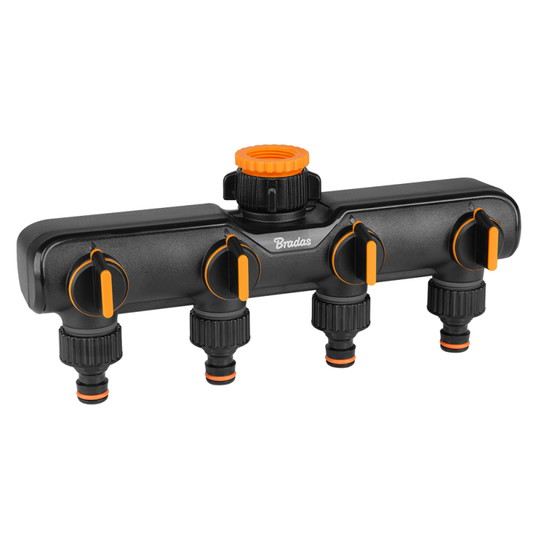 Four Way Tap Splitter with Valves, Orange/Black