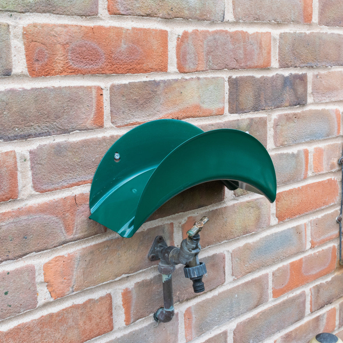 Green Wall-Mounted Metal Garden Hose Hanger with Fixings; supplied product design shown.