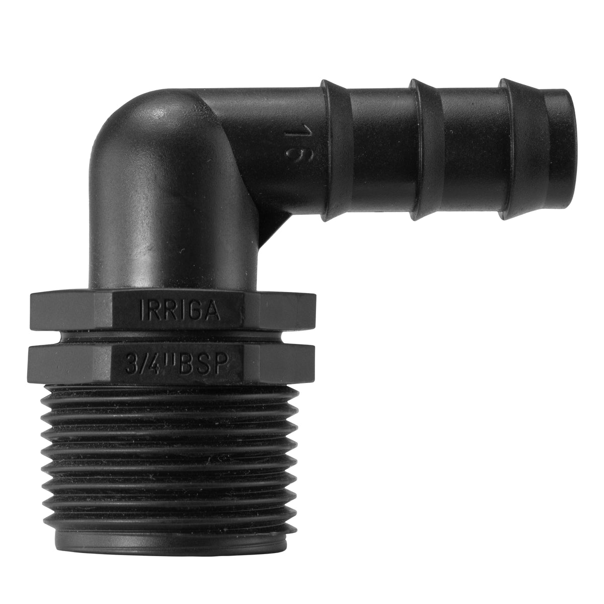 16mm Irrigation Barb to ¾″ BSP Male Elbow; supplied fittings shown.