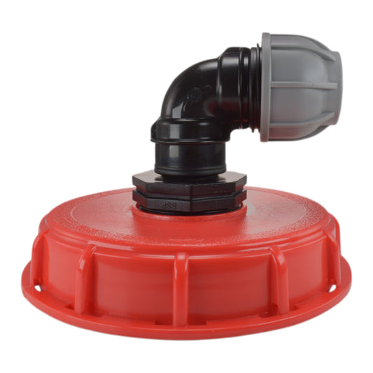 IBC 6″ Top Cap with 25mm MDPE Elbow, shown with a red cap; cap colour may vary.