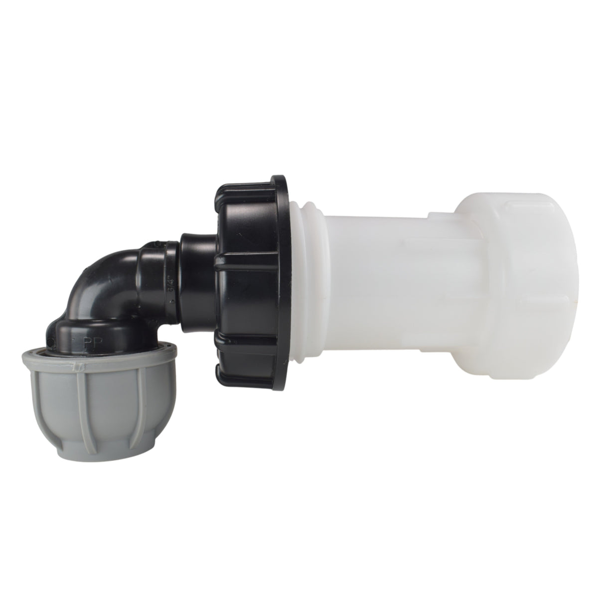 S60X6 IBC extension, black cap and 25mm MDPE elbow with grey compression fitting.