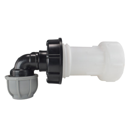 S60X6 IBC extension, black cap and 25mm MDPE elbow with grey compression fitting.