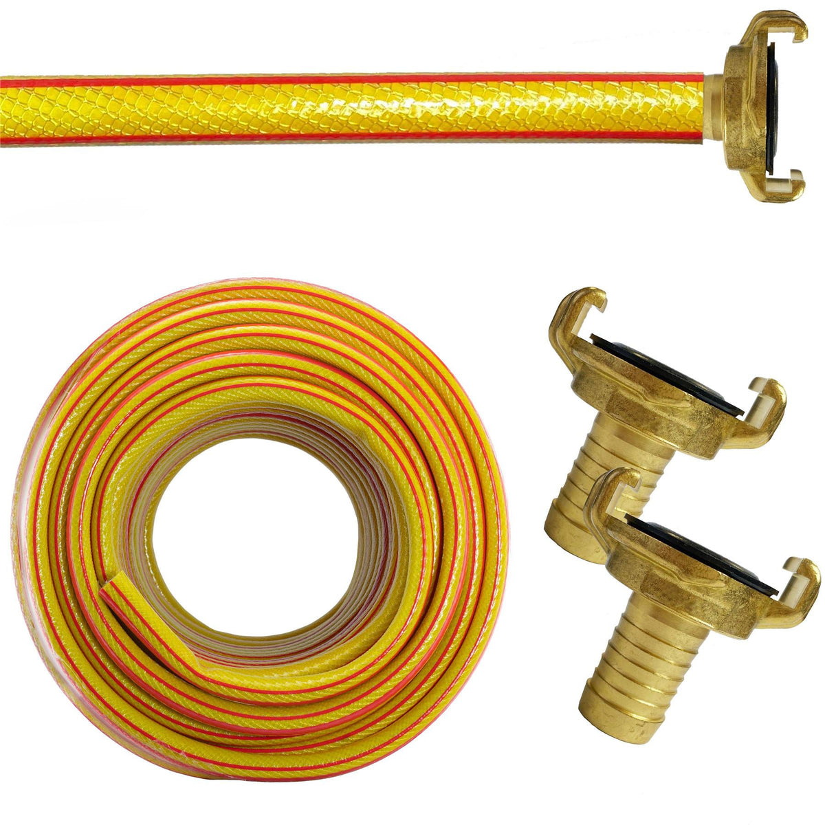 Coiled yellow and red garden hose with two brass Geka-type claw fittings and barbed hose tails.
