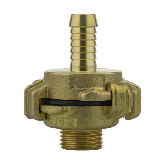 Brass Geka-type two-piece coupling set with 13mm hose barb and ½″ BSP male thread.