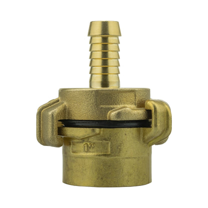 Brass Geka-type two-piece coupling set with 13mm hose barb and 1″ BSP female thread.