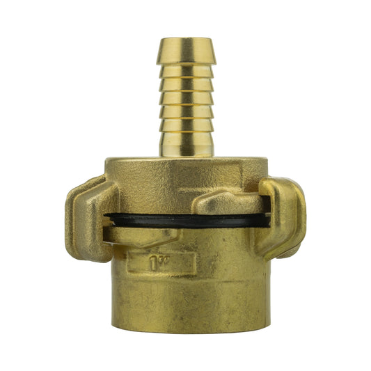 Brass Geka-type two-piece coupling set with 13mm hose barb and 1″ BSP female thread.