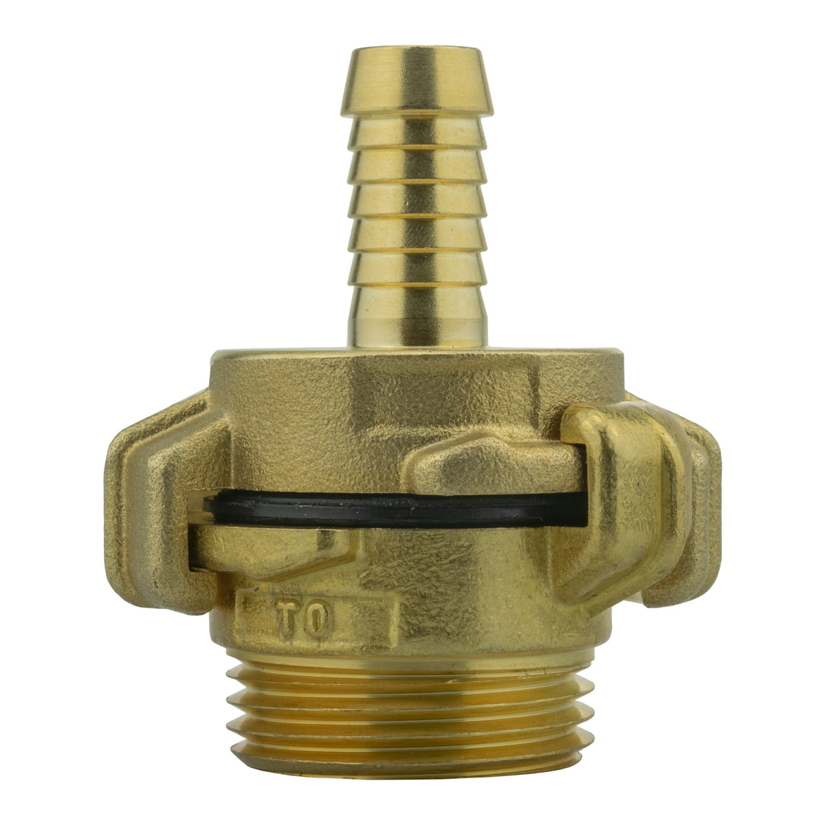 Brass Geka-type two-piece coupling set with 13mm hose barb and 1″ BSP male thread.