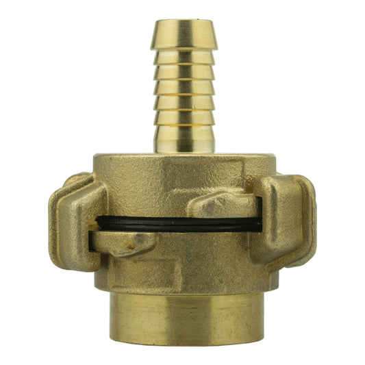 Brass Geka-type two-piece coupling set with 13mm hose barb and ¾″ BSP female thread.