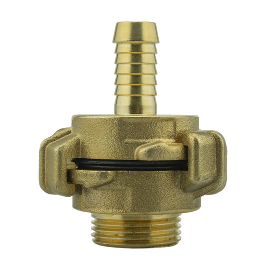 Brass Geka-type two-piece coupling set with 13mm hose barb and ¾″ BSP male thread.