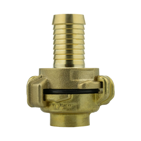 Brass Geka-type two-piece coupling set with 19mm hose barb and ½″ BSP female thread.