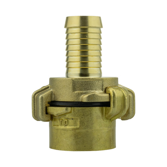 Brass Geka-type two-piece coupling set with 19mm hose barb and 1″ BSP female thread.