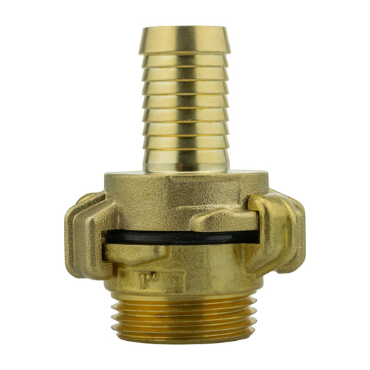 Brass Geka-type two-piece coupling set with 19mm hose barb and 1″ BSP male thread.