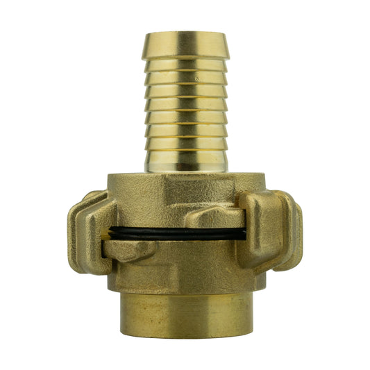 Brass Geka-type two-piece coupling set with 19mm hose barb and ¾″ BSP female thread.