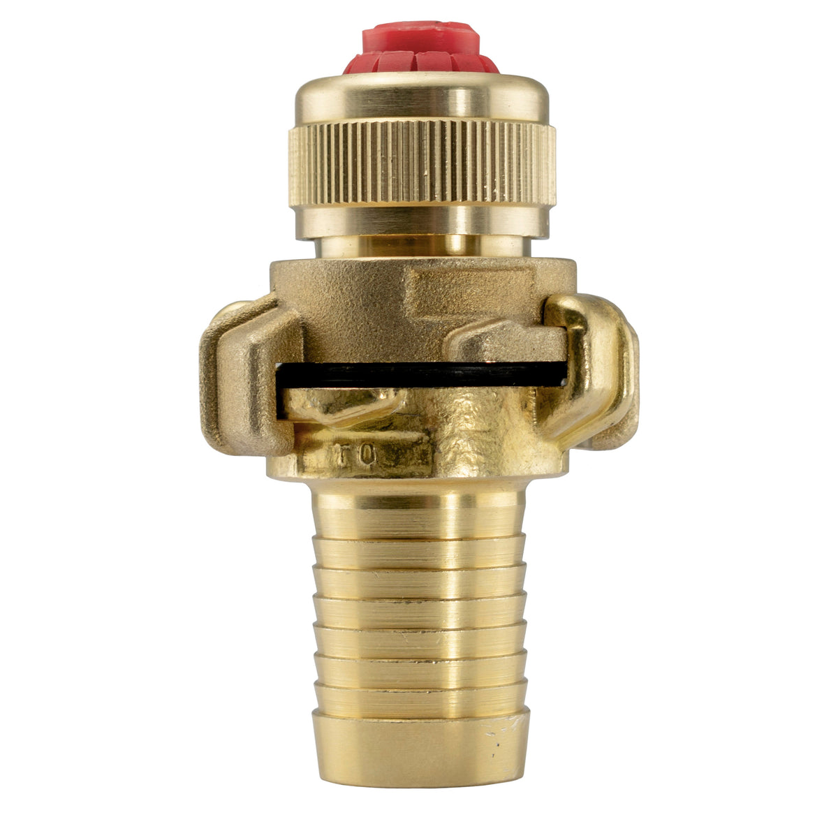 Brass Geka-type two-piece coupling set with 19mm hose barb and screw-tight claw hose connector for ¾″ hose.