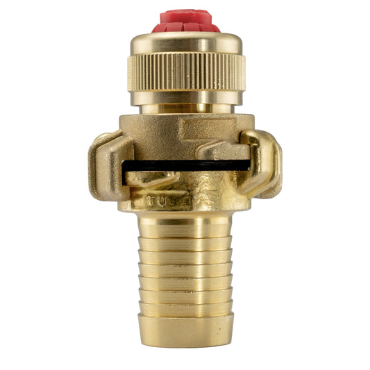 Brass Geka-type two-piece coupling set with 19mm hose barb and screw-tight claw hose connector for ¾″ hose.
