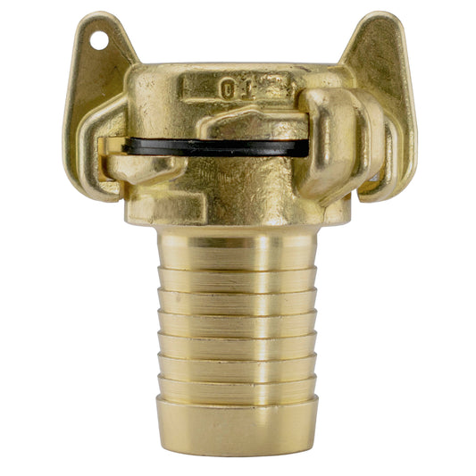 Brass Geka-type two-piece coupling set with 13mm hose barb and Geka-type blanking cap.