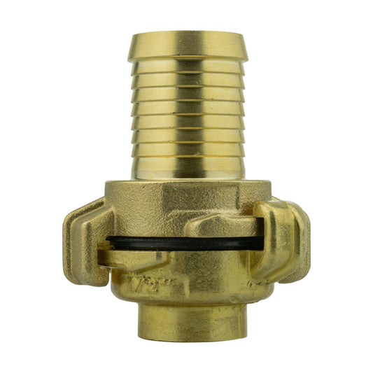 Brass Geka-type two-piece coupling set with 25mm hose barb and ½″ BSP female thread.