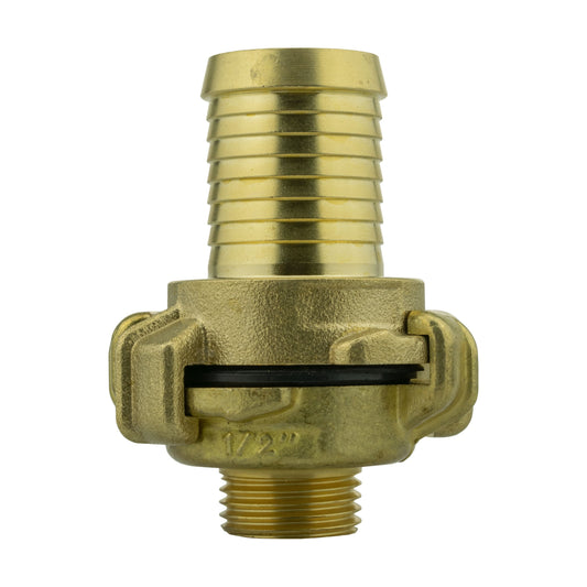 Brass Geka-type two-piece coupling set with 25mm hose barb and ½″ BSP male thread.