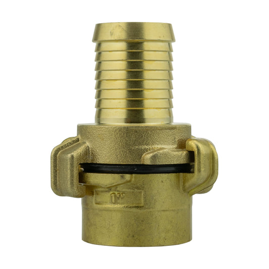 Brass Geka-type two-piece coupling set with 25mm hose barb and 1″ BSP female thread.