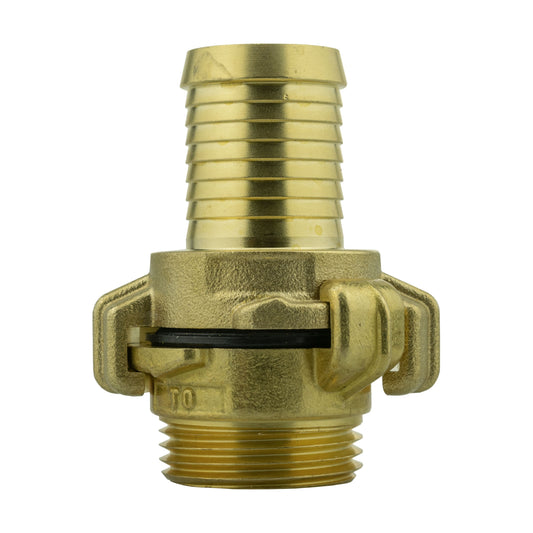 Brass Geka-type two-piece coupling set with 25mm hose barb and 1″ BSP male thread.