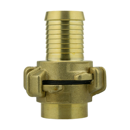 Brass Geka-type two-piece coupling set with 25mm hose barb and ¾″ BSP female thread.