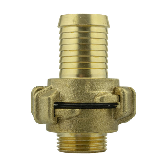 Brass Geka-type two-piece coupling set with 25mm hose barb and ¾″ BSP male thread.
