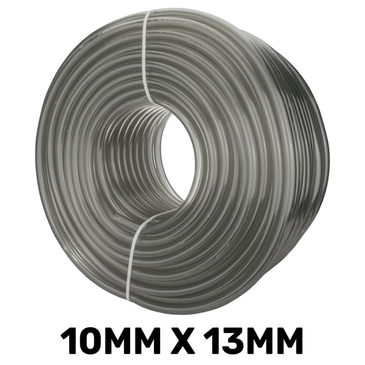 Semi-transparent grey PVC tube, 10mm internal and 13mm external diameter; length chosen separately.