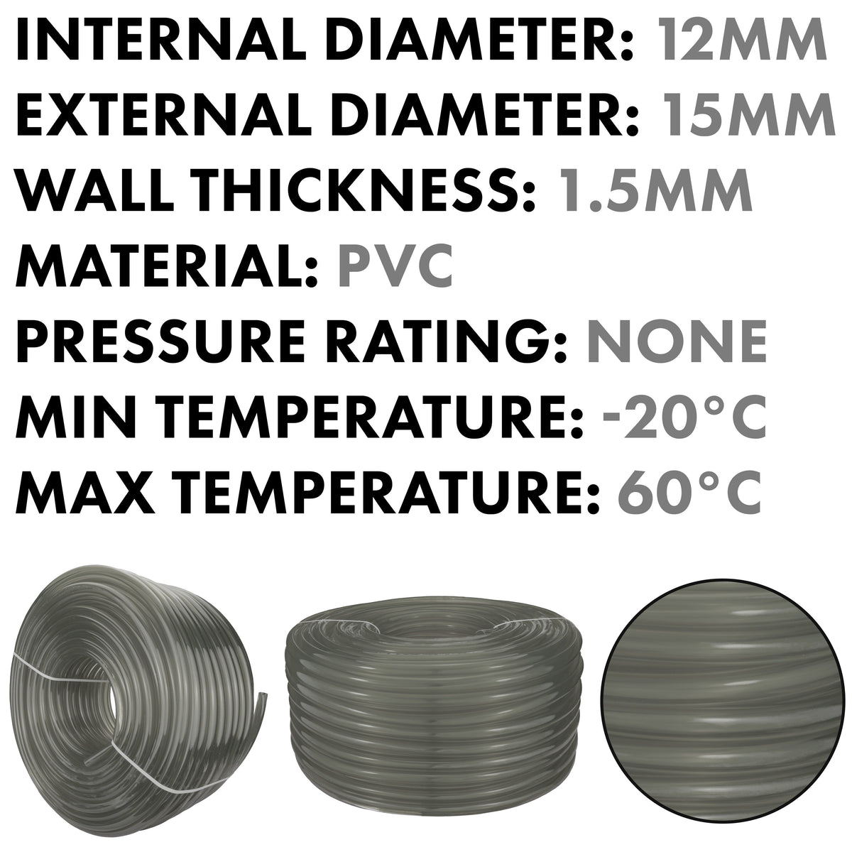 Grey Flexible PVC Tube – 12mm ID / 15mm OD, 1m or 100m