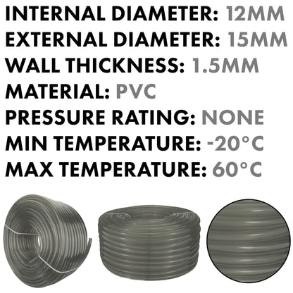Grey Flexible PVC Tube – 12mm ID / 15mm OD, 1m or 100m