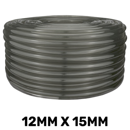 Semi-transparent grey PVC tube, 12mm internal and 15mm external diameter; length chosen separately.