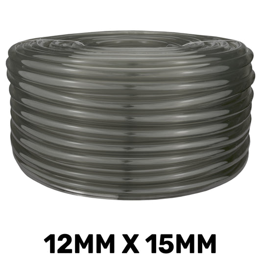 Semi-transparent grey PVC tube, 12mm internal and 15mm external diameter; length chosen separately.