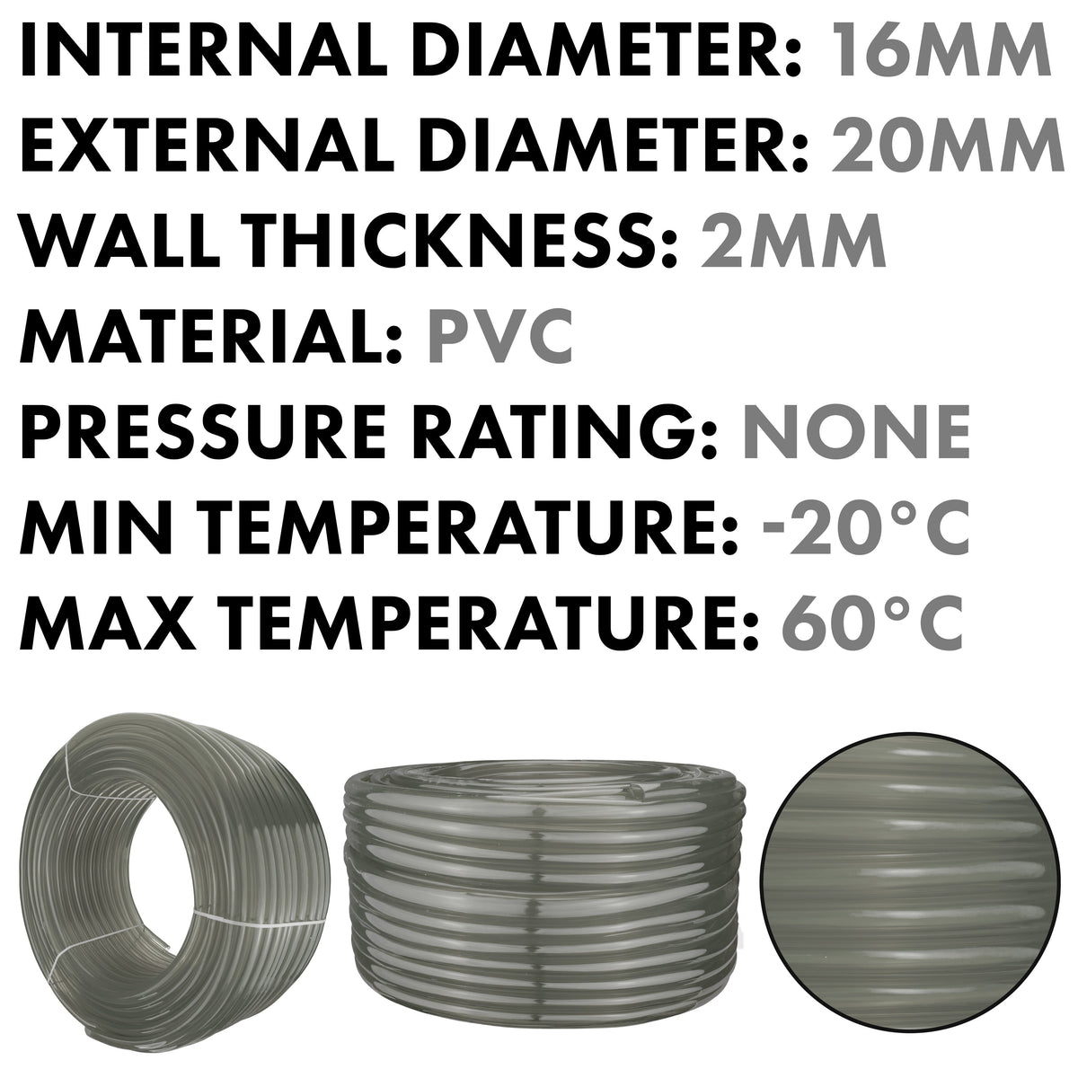 Grey Flexible PVC Tube – 16mm ID / 20mm OD, 1m or 100m
