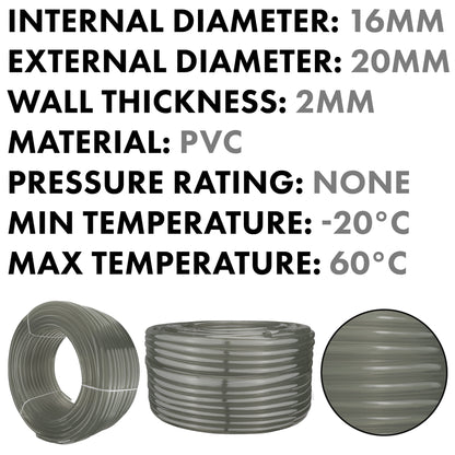 Grey Flexible PVC Tube – 16mm ID / 20mm OD, 1m or 100m