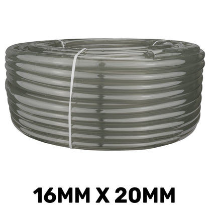 Semi-transparent grey PVC tube, 16mm internal and 20mm external diameter; length chosen separately.
