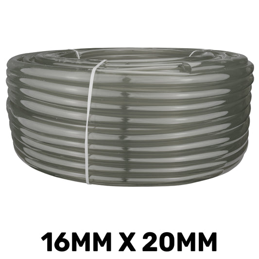 Semi-transparent grey PVC tube, 16mm internal and 20mm external diameter; length chosen separately.