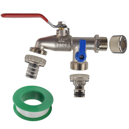 Double-Lever Metal garden tap with barbed and snap-on outlet fittings, thread converter and PTFE tape.