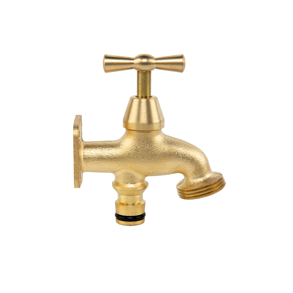 Brass bib tap with mounting plate, cross handle, quick-connect inlet and bare ¾″ BSP threaded outlet.
