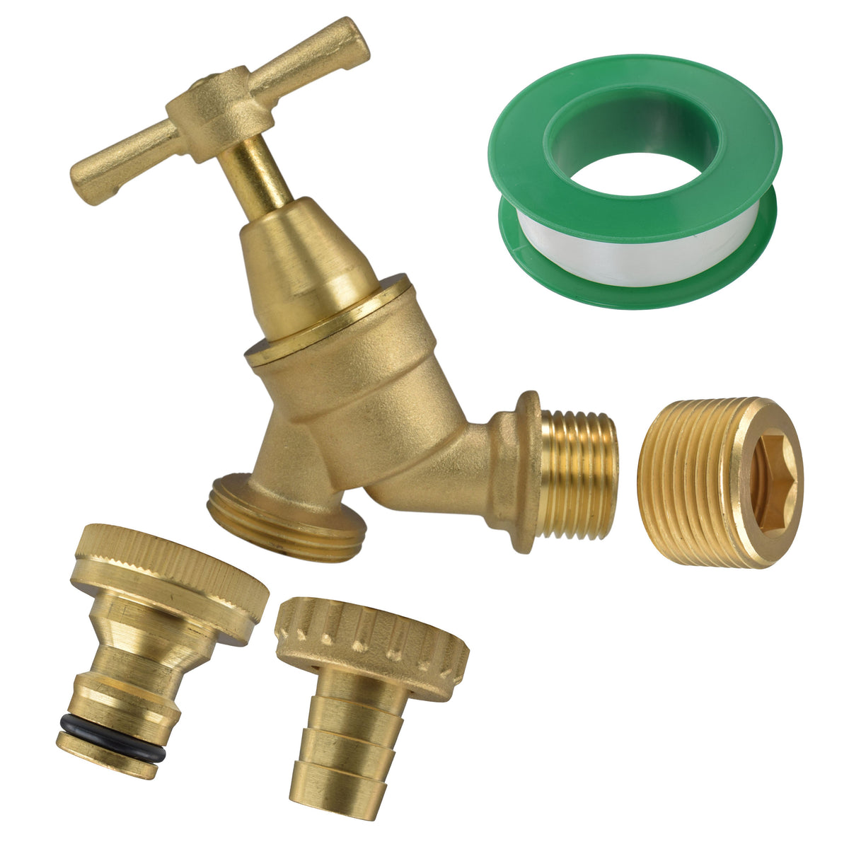 Brass Bib garden tap with barbed and snap-on outlet fittings, thread converter and PTFE tape.