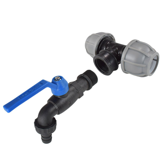 25mm MDPE tee with grey compression nuts and black nylon tap with blue lever.