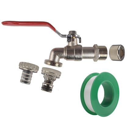 Zinc Lever garden tap with barbed and snap-on outlet fittings, thread converter and PTFE tape.