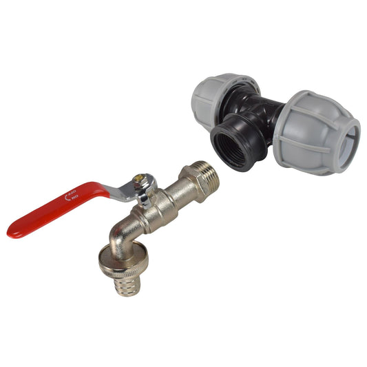 25mm MDPE tee with grey compression nuts and metal lever tap with ¾″ hose barb.