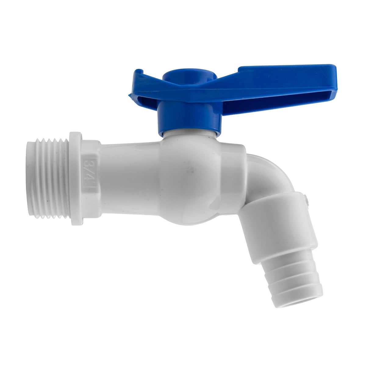 White plastic tap with blue lever, ¾-inch BSP male inlet and ½-inch hose barb outlet.