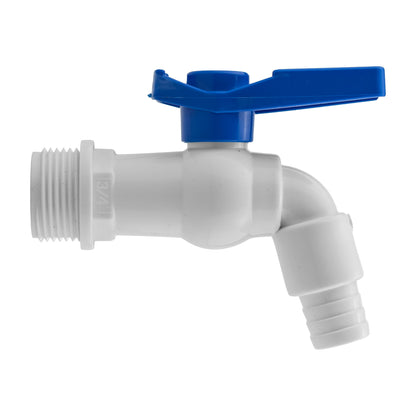 ¾″ BSP Male Plastic Tap with ½″ Hose Barb – White & Blue