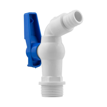 ¾″ BSP Male Plastic Tap with ½″ Hose Barb – White & Blue