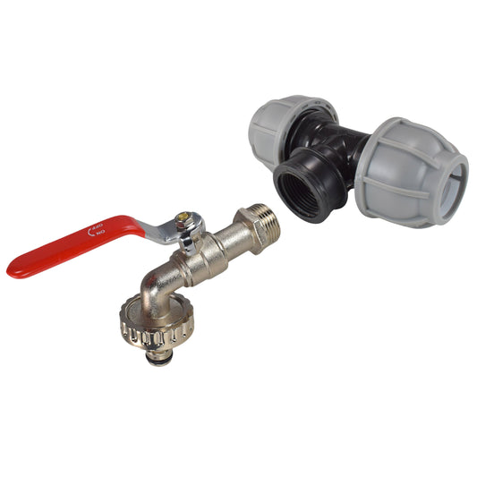 25mm MDPE tee with grey compression nuts and metal lever tap with snap-on male hose fitting.