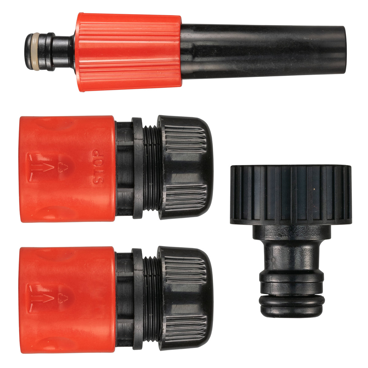Red & Black 4-Piece Hose Connector Set with Adjustable Nozzle; supplied components shown.