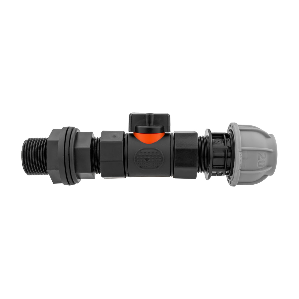 Water-butt tank connector with black inline valve and 20mm mdpe outlet.