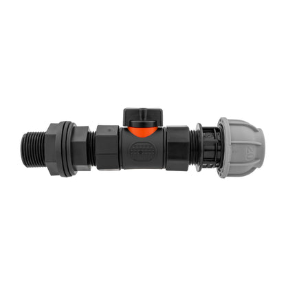 Water-butt tank connector with black inline valve and 20mm mdpe outlet.